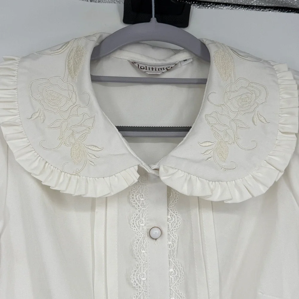 Lolitimes White Embroidered Peter Pan Collar Lace Ruffle Blouse Top Womens M - Picture 3 of 5